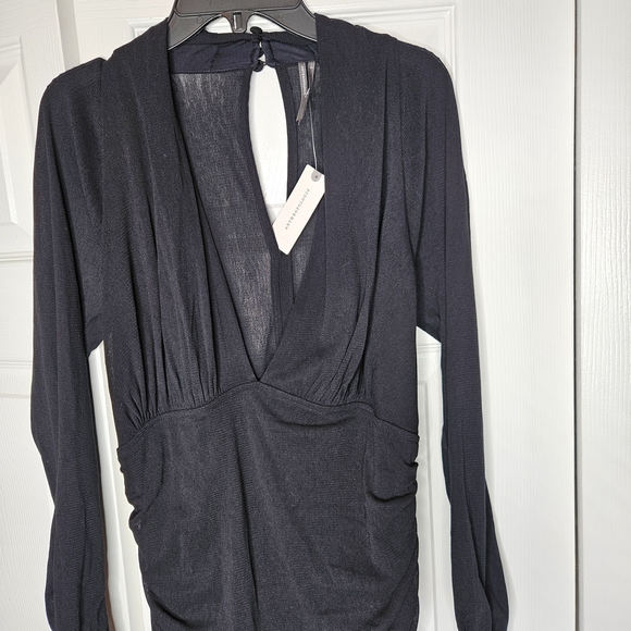 NWT Anthropologie Black Vneck Ruched Midi Mesh Dress Size L - Picture 5 of 11
